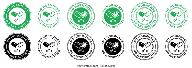 No antibiotics food label stamp, hormones free farm grown chicken and beef or pork meat vector logo. Natural healthy antibiotics free products certificate seal. Information label. Vector.