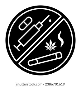 No hay drogas, ícono sólido, concepto de vida sin adicción, anti narcóticos firma en fondo blanco, paran jeringas, tabletas, cigarrillos con ícono de drogas en estilo glifo. Gráficos vectoriales