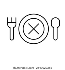No appetite icon outline style. A crossed dish with fork and spoon depicting eating disorder, sickness, or loss of hunger. Thin line symbol vector illustration.