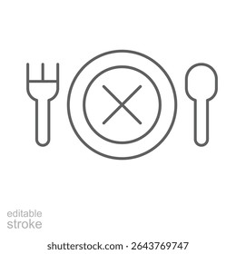 No appetite icon outline style. A crossed dish with fork and spoon depicting eating disorder, sickness, or loss of hunger. Thin line symbol vector illustration. Editable stroke