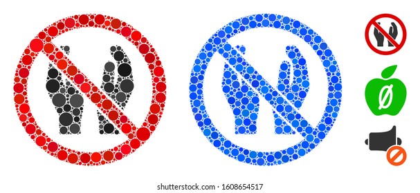 No applause mosaic of round dots in variable sizes and color tones, based on no applause icon. Vector round dots are combined into blue mosaic. Dotted no applause icon in usual and blue versions.