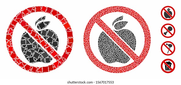 No apple mosaic of abrupt parts in variable sizes and shades, based on no apple icon. Vector ragged elements are composed into collage. No apple icons collage with dotted pattern.