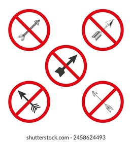 No Archery Arrows Allowed. Bow Arrows Prohibition Sign. Archery Equipment Restriction. Vector illustration. EPS 10.