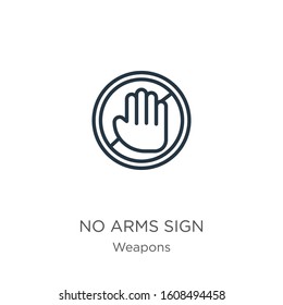No arms sign icon. Thin linear no arms sign outline icon isolated on white background from weapons collection. Line vector sign, symbol for web and mobile