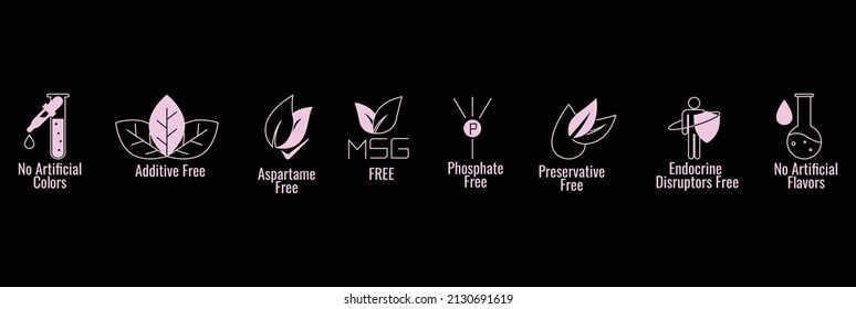 no artificial colors, additive-free, aspartame free, msg, phosphate free, preservative free, endocrine disruptors free, no artificial flavors icon set