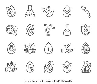 No artificial colors, Anti-dandruff flakes free line icons. Dermatologically tested, Alcohol free and Paraben chemical formula icons. Hypoallergenic tested, Neutral ph and Organic. Vector - Shutterstock ID 1341829646