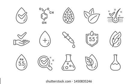 No artificial colors, Anti-dandruff flakes free line icons. Dermatologically tested, Paraben chemical formula icons. Hypoallergenic tested, Neutral ph. Linear set. Vector