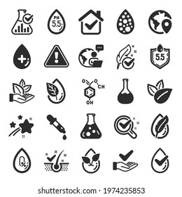 No artificial colors, Anti-dandruff flakes free icons. Dermatologically tested, Alcohol free and Paraben chemical formula icons. Hypoallergenic tested, Neutral ph and Organic. Flat icon set. Vector