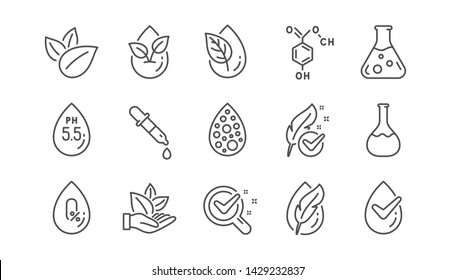 No artificial colors, organic leaf line icons. Dermatologically tested, Paraben chemical formula icons. Hypoallergenic tested, Neutral ph. Linear set. Vector