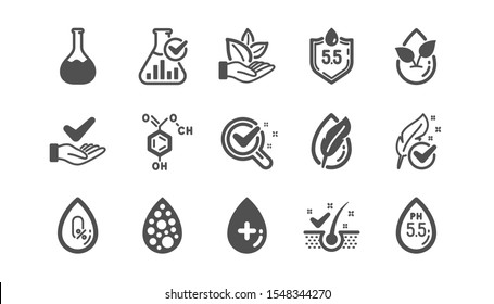 No artificial colors, organic leaf icons. Dermatologically tested, Paraben chemical formula icons. Hypoallergenic tested, Neutral ph. Classic set. Quality set. Vector