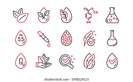 No artificial colors, organic leaf line icons. Dermatologically tested, Paraben chemical formula icons. Hypoallergenic tested, Neutral ph. Linear set. Linear set. Quality line set. Vector