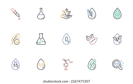 No artificial colors, organic leaf line icons. Dermatologically tested, Paraben chemical formula icons. Hypoallergenic tested, Neutral ph. Linear set. Bicolor outline web elements. Vector