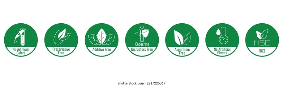 no artificial colors, preservative free, additive free, endocrine disruptors, aspartame free, no artificial flavours, msg free icon set vector illustration 