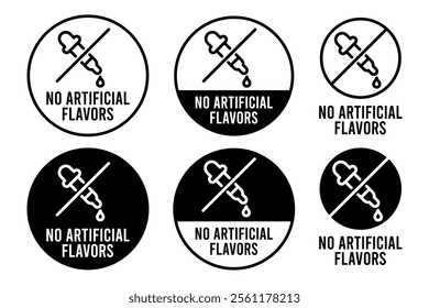 No artificial Flavors, color, preservatives, sweeteners icons set, label, logo, badge, sticker, emblem, stamp, symbol, circle, black, flat vector, isolated illustration.