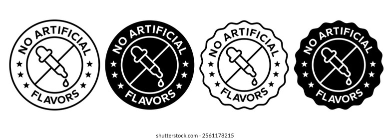 No artificial Flavors, color, preservatives, sweeteners icons set, label, logo, badge, sticker, emblem, stamp, symbol, circle, black, flat vector, isolated illustration.