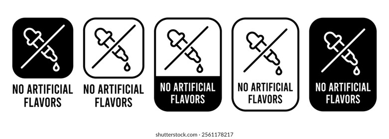 No artificial Flavors, color, preservatives, sweeteners icons set, label, logo, badge, sticker, emblem, stamp, symbol, circle, black, flat vector, isolated illustration.