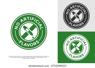 No artificial flavors stamp featuring a crossed-out pipette dropper. Great for natural food labels, organic diets, and healthy pure product branding.