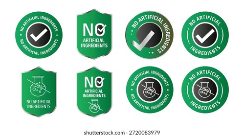 'No Artificial Ingredients' Badge Set – Natural Product Label Icons vector illustration with checkmark and laboratory icons