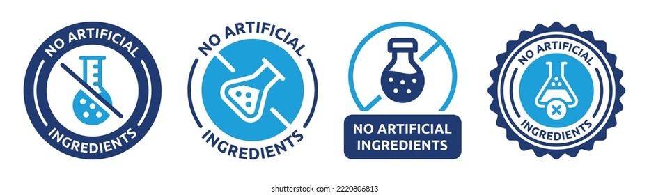 No hay sellos de etiqueta de círculo de ingredientes artificiales fijados con símbolo de símbolo del matraz de laboratorio. Ilustración vectorial.