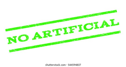 No Artificial watermark stamp. Text tag between parallel lines with grunge design style. Rubber seal stamp with dust texture. Vector light green color ink imprint on a white background.