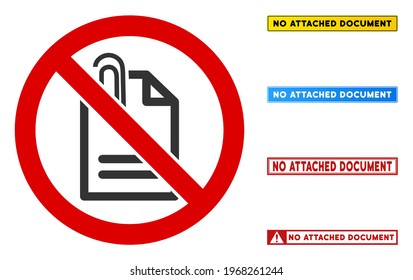 Ningún signo de documento adjunto con palabras en marcos rectangulares. El estilo de ilustración es un símbolo icónico plano dentro de un círculo cruzado rojo sobre un fondo blanco. Simple Sin signo vectorial de documento adjunto,
