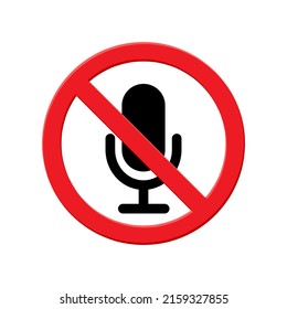 no audio recording, microphone sign, prohibition symbol sticker for area places, flat icon in red crossed out circle, isolated on white background, design vector illustration
