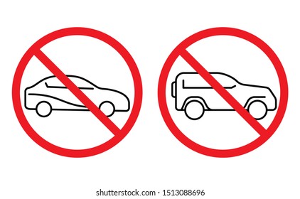 No auto icon. Thin line car vehicles sign with prohibition symbol. Vector eps 10 illustration