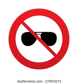 No Aviator sunglasses sign icon. Pilot glasses button. Red prohibition sign. Stop symbol. Vector