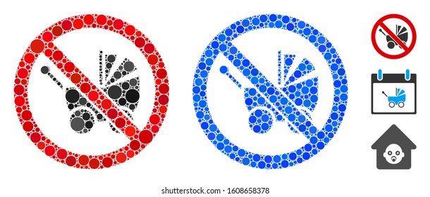 No baby carriage composition of small circles in different sizes and color hues, based on no baby carriage icon. Vector small circles are composed into blue illustration.