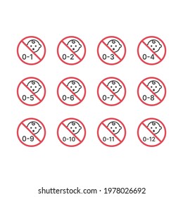 No baby prohibition vector icon set. Months for baby products symbols.