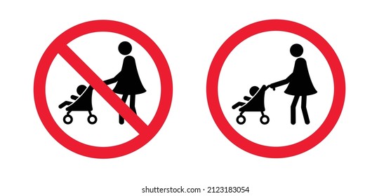 No baby stroller or buggy. Stop. walking for taking care of children. Cartoon vector Baby carriage icon or symbol. Do not use prams. No ban. pushchair not allowed. Pram