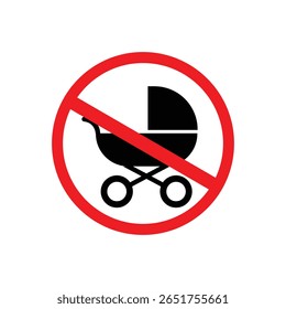 No baby stroller symbol in a red circle with a diagonal line, indicating restriction or prohibition. Clear and simple design suitable for signage, regulations, or public area notices.