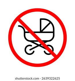 No baby strollers line icon. No Strollers Allowed Sign. Baby Stroller or Pram icon with a red diagonal line across it inside a red circle. Editable stroke. Vector