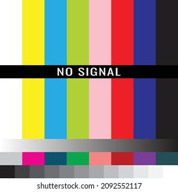 No background TV signal. Not getting network, screen showing error message technical problem color bar pattern, connection problem. Vector flat style cartoon illustration. Signal pattern test purpose.