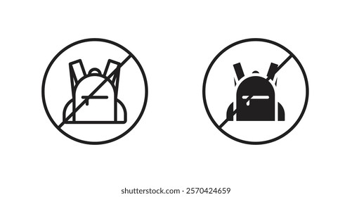 No backpacks allowed sign vectors set in black. line and flat versions
