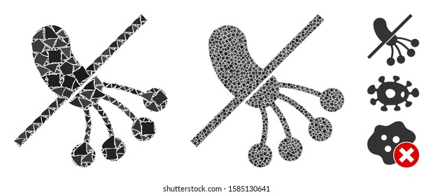 No bacteria icon mosaic of unequal parts in various sizes and color hues, based on no bacteria icon. Vector unequal pieces are composed into collage. No bacteria icons collage with dotted pattern.