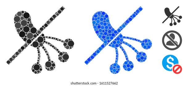 No bacteria mosaic of circle elements in various sizes and shades, based on no bacteria icon. Vector circle elements are composed into blue mosaic. Dotted no bacteria icon in usual and blue versions.