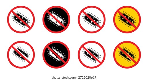 Signo de Vector sin bacterias con círculo rojo. Señales claras de prohibición contra gérmenes y bacterias. Ilustración vectorial de gérmenes, bacterias, virus, prohibición, parada, advertencia, peligro, icono de seguridad.