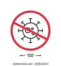 No bacterias, Antibacterial and antiviral defense. Germs, microbe 2019-nCoV, Covid-2019, Covid-19 Novel Stop Dangerous Bacteria. No Infection icon symbol logo illustration, editable stroke, flat 
