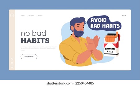 No Bad Habits Landing Page Template. Man Show Stop Gesture for Cigarette Box. Male Character Healthy Lifestyle, Immunity Boost, Give Up Smoking Motivation. Cartoon People Vector Illustration