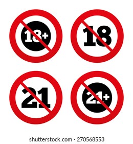 No, Ban or Stop signs. Adult content icons. Eighteen and twenty-one plus years sign symbols. Prohibition forbidden red symbols. Vector