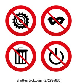 No, Ban or Stop signs. Anonymous mask and cogwheel gear icons. Recycle bin delete and power sign symbols. Prohibition forbidden red symbols. Vector