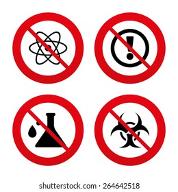 No, Ban or Stop signs. Attention and biohazard icons. Chemistry flask sign. Atom symbol. Prohibition forbidden red symbols. Vector