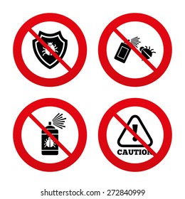 No, Ban or Stop signs. Bug disinfection icons. Caution attention and shield symbols. Insect fumigation spray sign. Prohibition forbidden red symbols. Vector