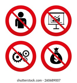 No, Ban or Stop signs. Business icons. Human silhouette and presentation board with charts signs. Dollar money bag and gear symbols. Prohibition forbidden red symbols. Vector