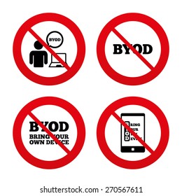 No, Ban or Stop signs. BYOD icons. Human with notebook and smartphone signs. Speech bubble symbol. Prohibition forbidden red symbols. Vector