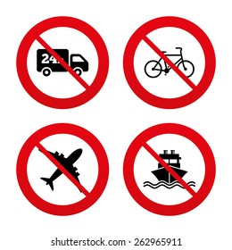 No, Ban or Stop signs. Cargo truck and shipping icons. Shipping and eco bicycle delivery signs. Transport symbols. 24h service. Prohibition forbidden red symbols. Vector