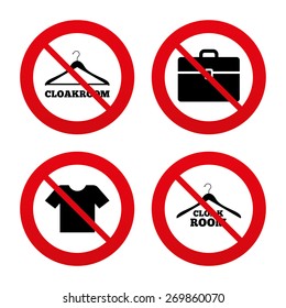 No, Ban or Stop signs. Cloakroom icons. Hanger wardrobe signs. T-shirt clothes and baggage symbols. Prohibition forbidden red symbols. Vector