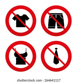 No, Ban Or Stop Signs. Clothes Icons. T-shirt And Bermuda Shorts Signs. Business Tie Symbol. Prohibition Forbidden Red Symbols. Vector