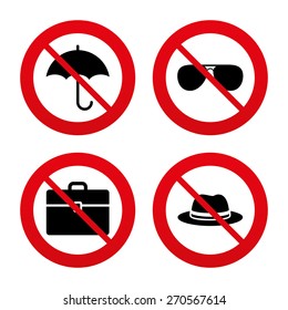 No, Ban or Stop signs. Clothing accessories icons. Umbrella and sunglasses signs. Headdress hat with business case symbols. Prohibition forbidden red symbols. Vector